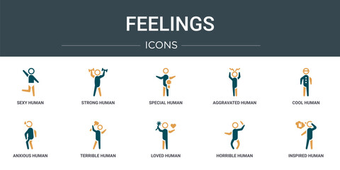 Poster - set of 10 outline web feelings icons such as sexy human, strong human, special human, aggravated cool anxious terrible vector icons for report, presentation, diagram, web design, mobile app