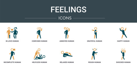 Poster - set of 10 outline web feelings icons such as in love human, confused human, annoyed human, grateful happy incomplete helpless vector icons for report, presentation, diagram, web design, mobile app
