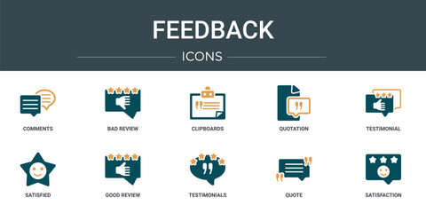 Poster - set of 10 outline web feedback icons such as comments, bad review, clipboards, quotation, testimonia