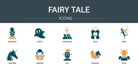 Wall Mural - set of 10 outline web fairy tale icons such as magician, ghost, excalibur, zeus, fairy, unicorn, vam