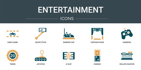 Poster - set of 10 outline web entertainment icons such as video game, selfie stick, bumper car, curtain stag
