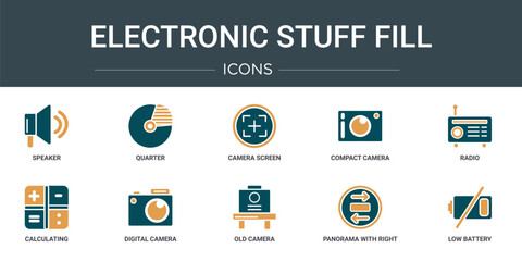 Poster - set of 10 outline web electronic stuff fill icons such as speaker, quarter, camera screen, compact c