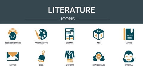 Poster - set of 10 outline web literature icons such as robinson crusoe, paint palette, library, abc, maths, 