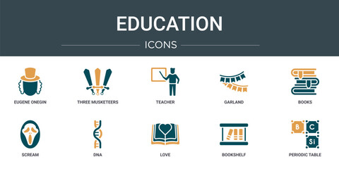 Poster - set of 10 outline web education icons such as eugene onegin, three musketeers, teacher, garland, books, scream, dna vector icons for report, presentation, diagram, web design, mobile app