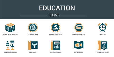 Poster - set of 10 outline web education icons such as block with letters, combination, greater but not equiv