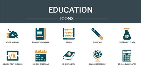 Poster - set of 10 outline web education icons such as write by hand, book with marker, abcus, fountain, experiment flask with leaves, square root in class, school calendar vector icons for report,