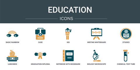 Poster - set of 10 outline web education icons such as basic rainbow, case, kid, writing whiteboard, studies, lunchbox, graduation diploma vector icons for report, presentation, diagram, web design, mobile