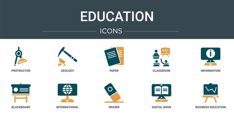Poster - set of 10 outline web education icons such as protractor, geology, paper, classroom, information, bl