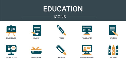 Poster - set of 10 outline web education icons such as chalkboard, grades, pencil, translation, writing, onli