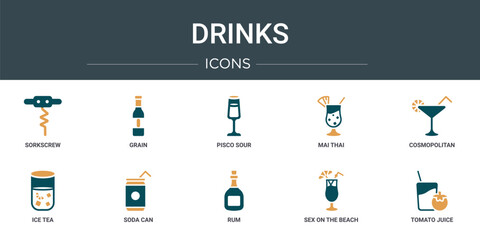 Poster - set of 10 outline web drinks icons such as sorkscrew, grain, pisco sour, mai thai, cosmopolitan, ice