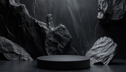Poster - Abstract Composition With Dark Black Rock Podium For Product Presentation And Sale, With Showcase And Pedestal For Cosmetics. Ample Copy Space, Rendering Included.