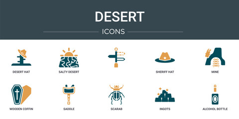 Poster - set of 10 outline web desert icons such as desert hat, salty desert, , sheriff hat, mine, wooden cof