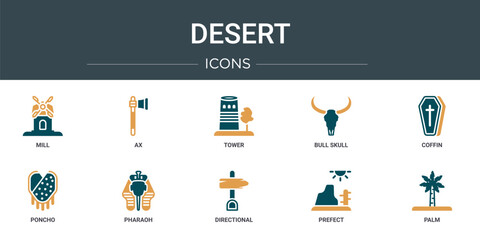 Poster - set of 10 outline web desert icons such as mill, ax, tower, bull skull, coffin, poncho, pharaoh vect
