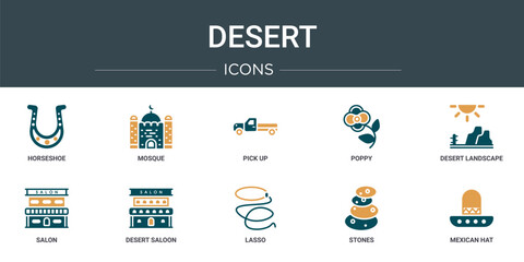 Wall Mural - set of 10 outline web desert icons such as horseshoe, mosque, pick up, poppy, desert landscape, salo