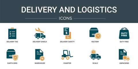 Poster - set of 10 outline web delivery and logistics icons such as delivery tag, delivery shield, safety, fa
