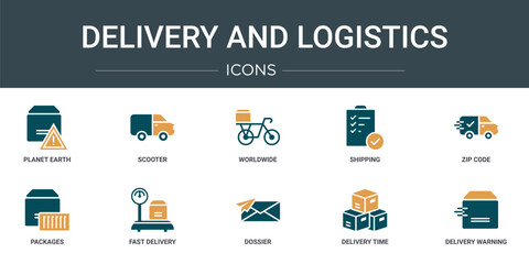 Poster - set of 10 outline web delivery and logistics icons such as planet earth, scooter, worldwide, shippin