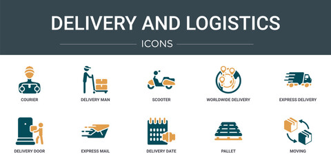 Poster - set of 10 outline web delivery and logistics icons such as courier, delivery man, scooter, worldwide delivery, express door, express mail vector icons for report, presentation, diagram, web design,