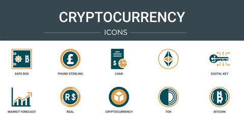 Poster - set of 10 outline web cryptocurrency icons such as safe box, pound sterling, loan, , digital key, ma