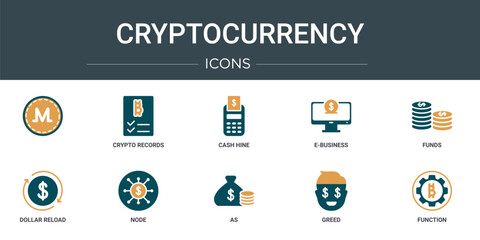 Poster - set of 10 outline web cryptocurrency icons such as , crypto records, cash hine, e-business, funds, d