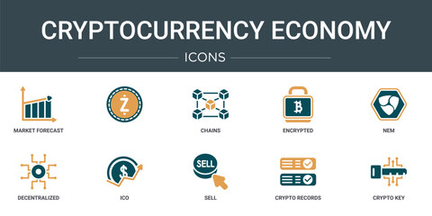 Poster - set of 10 outline web cryptocurrency economy icons such as market forecast, , chains, encrypted, nem