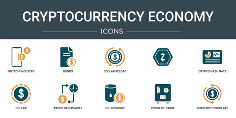 Poster - set of 10 outline web cryptocurrency economy icons such as fintech industry, bonds, dollar reload, ,