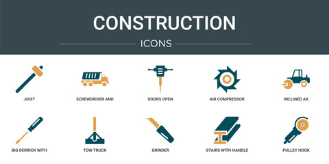 Poster - set of 10 outline web construction icons such as joist, screwdriver and doble wrench, doors open, air compressor, inclined ax, big derrick with boxes, tow truck vector icons for report,