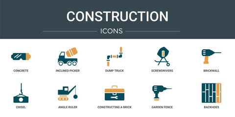 Poster - set of 10 outline web construction icons such as concrete, inclined picker, dump truck, screwdrivers, brickwall, chisel, angle ruler vector icons for report, presentation, diagram, web design,