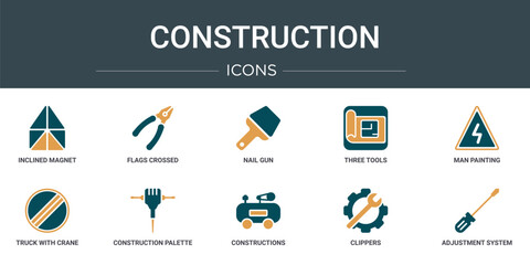 Poster - set of 10 outline web construction icons such as inclined magnet, flags crossed, nail gun, three tools, man painting, truck with crane, construction palette vector icons for report, presentation,