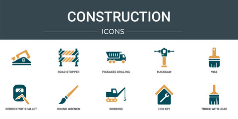 Poster - set of 10 outline web construction icons such as , road stopper, pickaxes drilling, hacksaw, vise, d