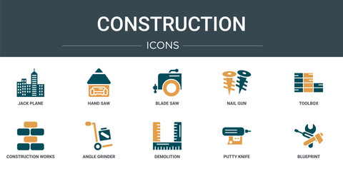 Poster - set of 10 outline web construction icons such as jack plane, hand saw, blade saw, nail gun, toolbox,