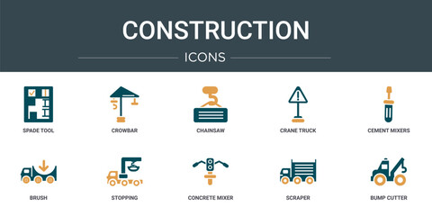 Poster - set of 10 outline web construction icons such as spade tool, crowbar, chainsaw, crane truck, cement mixers, brush, stopping vector icons for report, presentation, diagram, web design, mobile app