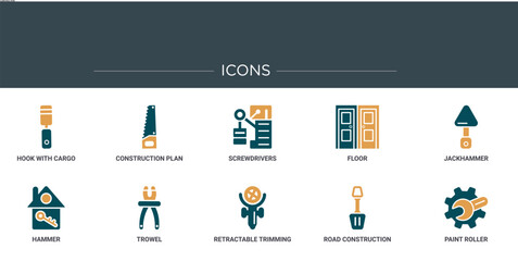 Poster - set of 10 outline web construction icons such as hook with cargo, construction plan, screwdrivers, floor, jackhammer, hammer, trowel vector icons for report, presentation, diagram, web design,