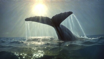 whale tail fluking at sunset over ocean