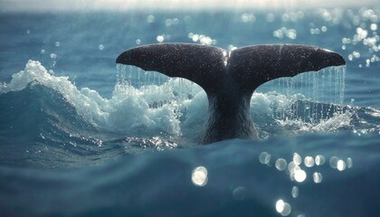 whale tail fluke with sparkling bubbles in ocean