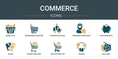 Poster - set of 10 outline web commerce icons such as basket full, supermarket shopping cart, shopper with bags, woman with mortgage, piggy bank with coin, paying, online store cart vector icons for report,