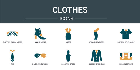 Poster - set of 10 outline web clothes icons such as shutter sunglasses, ankle boots, drees, long sleeveless 