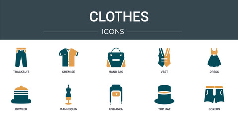 Poster - set of 10 outline web clothes icons such as tracksuit, chemise, hand bag, vest, dress, bowler, mannequin vector icons for report, presentation, diagram, web design, mobile app