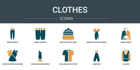 Poster - set of 10 outline web clothes icons such as sweatpants, chino shorts, knit hat with pom pom, dress w