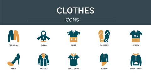 Poster - set of 10 outline web clothes icons such as cardigan, parka, shirt, sandals, jersey, heels, tuxedo vector icons for report, presentation, diagram, web design, mobile app