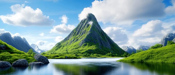 Wall Mural - serene mountain landscape with lush greenery and calm reflective water