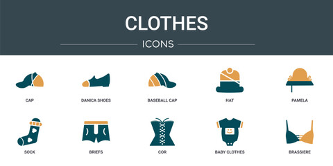 Poster - set of 10 outline web clothes icons such as cap, danica shoes, baseball cap, hat, pamela, sock, briefs vector icons for report, presentation, diagram, web design, mobile app