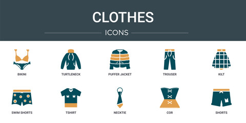 Poster - set of 10 outline web clothes icons such as bikini, turtleneck, puffer jacket, trouser, kilt, swim shorts, tshirt vector icons for report, presentation, diagram, web design, mobile app