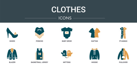 Poster - set of 10 outline web clothes icons such as shoes, poncho, baby grow, kaftan, pyjamas, blazer, baske