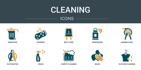 Poster - set of 10 outline web cleaning icons such as dumpster, sponges, wet floor, deodorizer, garden hose, 