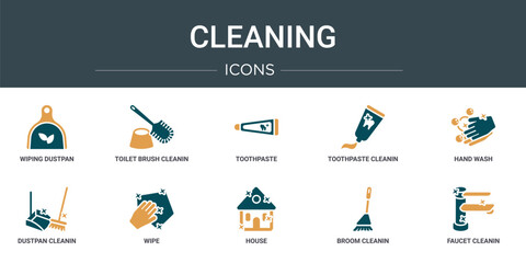 Poster - set of 10 outline web cleaning icons such as wiping dustpan, toilet brush cleanin, toothpaste, tooth