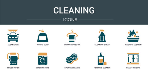 Poster - set of 10 outline web cleaning icons such as clean cars, wiping soap, wiping towel on a hanger, cleaning spray, washing cleanin, toilet paper, washing hine vector icons for report, presentation,