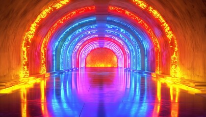 Poster - Glowing In The Dark: Abstract Neon Virtual Reality Tunnel And Ultraviolet Spectrum Fashion Podium On Empty Stage With Floor Reflections.