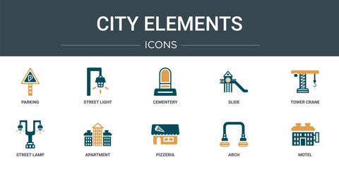 Poster - set of 10 outline web city elements icons such as parking, street light, cementery, slide, tower cra