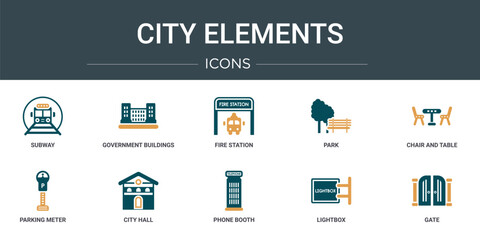 Poster - set of 10 outline web city elements icons such as subway, government buildings, fire station, park, 