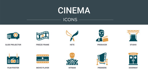 Poster - set of 10 outline web cinema icons such as slide projector, freeze frame, hete, producer, studio, fi